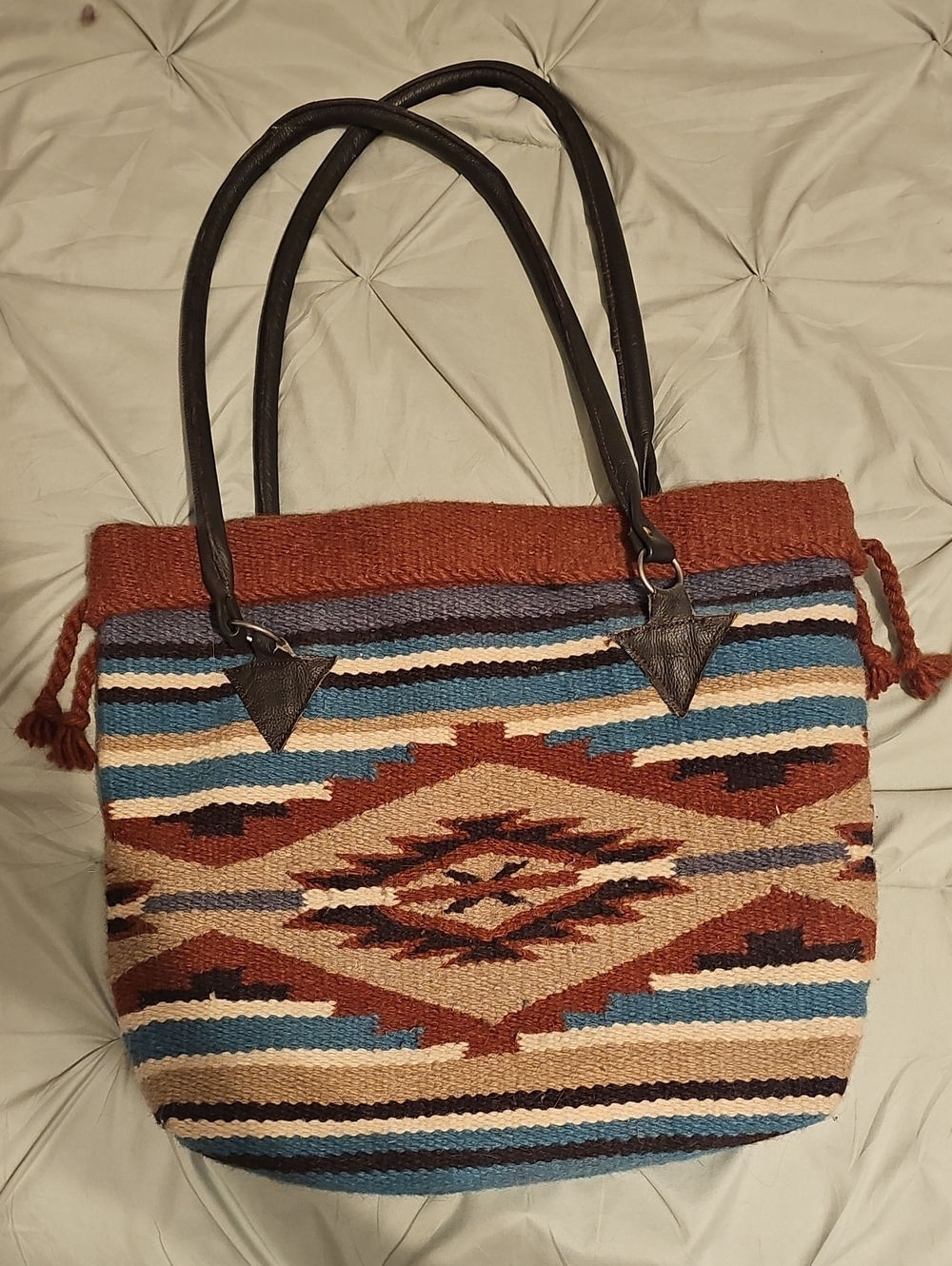Southwestern Woven Tote Bag in Rust & Blue
